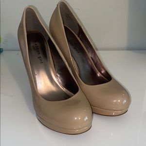 Nude patent leather heels